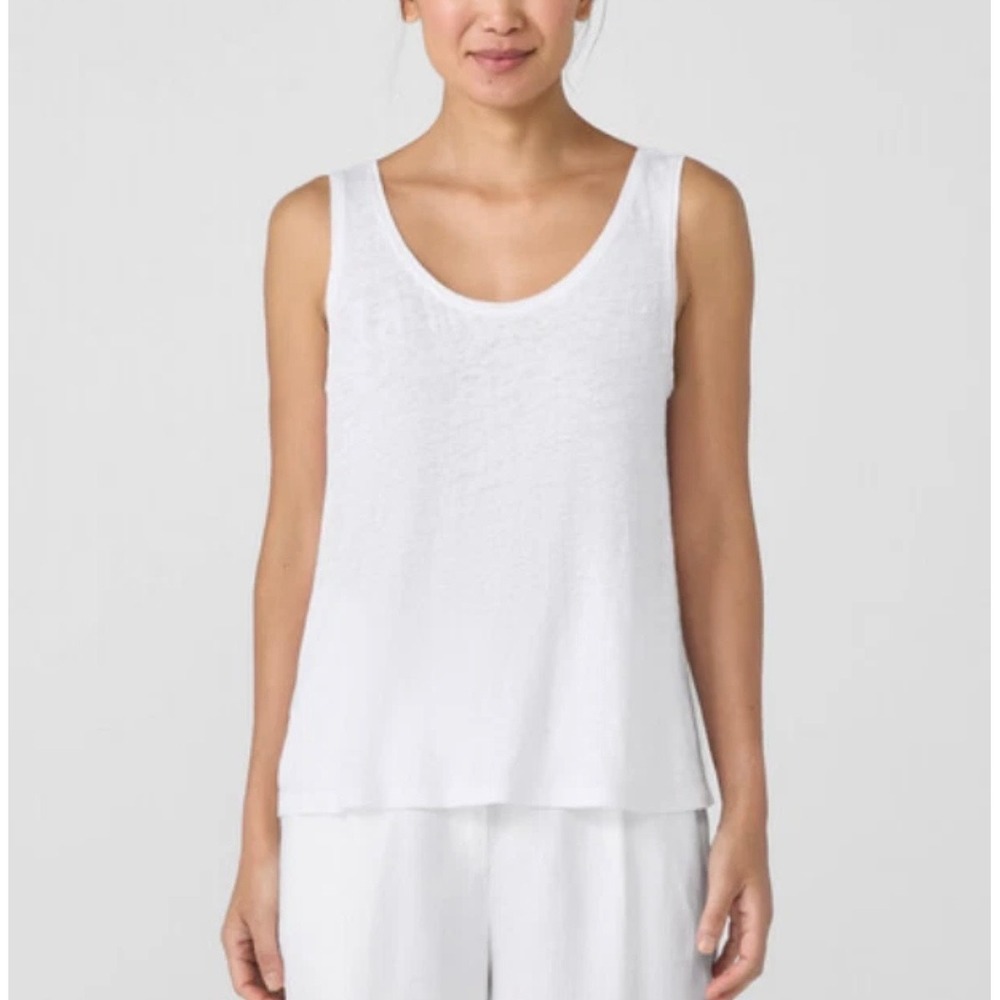 Eileen Fisher S White Organic Linen Scoop Neck Tank Top Small Slub Knit Relaxed